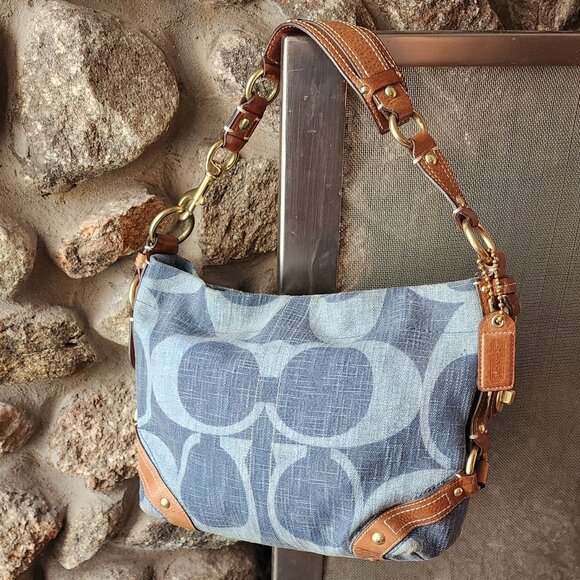 Coach Handbags - COACH A0773-10794 Signature Carly Blue Denim Canvas Leather Shoulder Bag